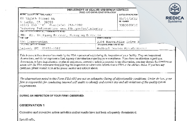 FDA 483 - CDB Corporation [Leland / United States of America] - Download PDF - Redica Systems