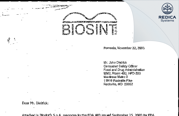 FDA 483 Response - Biosint S.p.A [Italy / Italy] - Download PDF - Redica Systems