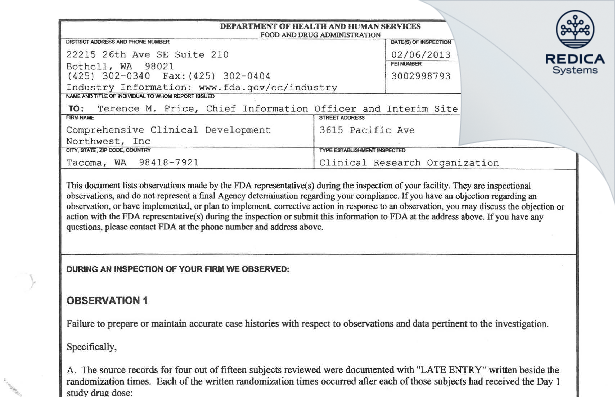 FDA 483 - Comprehensive Clinical Development Northwest, Inc [Tacoma / United States of America] - Download PDF - Redica Systems