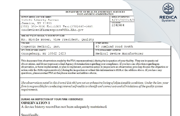 FDA 483 - Cogentix Medical, Inc. [Orangeburg / United States of America] - Download PDF - Redica Systems