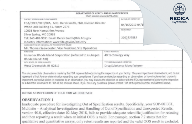FDA 483 - Immunex Rhode Island Corporation [West Greenwich / United States of America] - Download PDF - Redica Systems