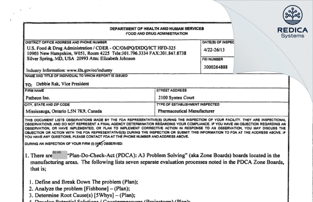 FDA 483 - Patheon Inc. [Mississauga / Canada] - Download PDF - Redica Systems