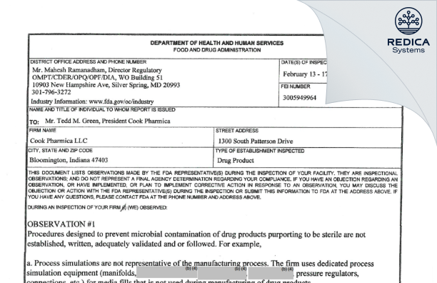 FDA 483 - Catalent Indiana, LLC [Bloomington / United States of America] - Download PDF - Redica Systems