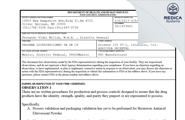 FDA 483 - PROSANA DISTRIBUCIONES SA DE CV [Col. Agricola Oriental / Mexico] - Download PDF - Redica Systems
