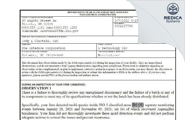 FDA 483 - The Ritedose Corporation [Columbia / United States of America] - Download PDF - Redica Systems