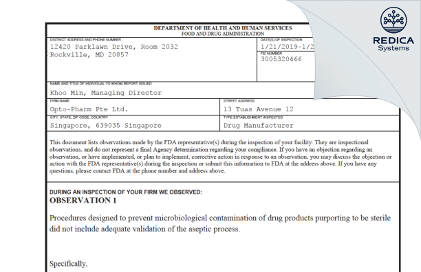 FDA 483 - Opto-Pharm Pte Ltd [Singapore / Singapore] - Download PDF - Redica Systems