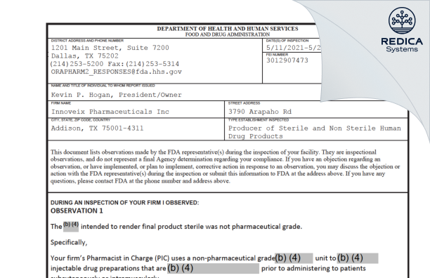 FDA 483 - Innoveix Pharmaceuticals Inc [Addison / United States of America] - Download PDF - Redica Systems
