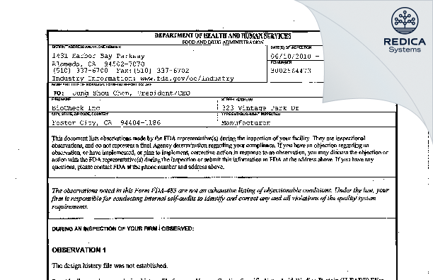 FDA 483 - BioCheck, Inc. [South San Francisco / United States of America] - Download PDF - Redica Systems