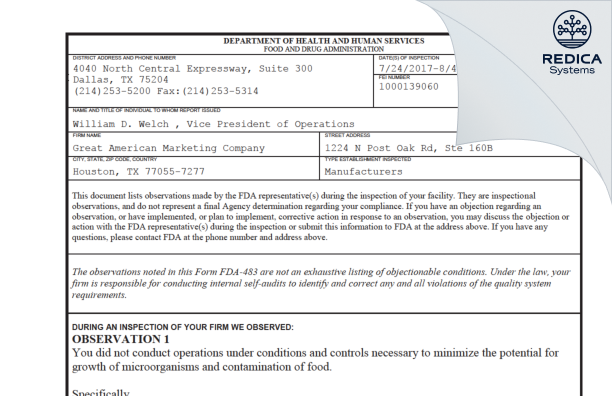 FDA 483 - Great American Marketing Company [Houston / United States of America] - Download PDF - Redica Systems