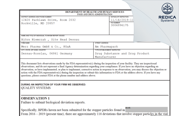 FDA 483 - Merz Pharma GmbH & Co KGaA [Dessau-Rosslau / Germany] - Download PDF - Redica Systems