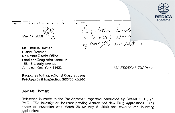 FDA 483 Response - Fougera Pharmaceuticals Inc. [New York / United States of America] - Download PDF - Redica Systems