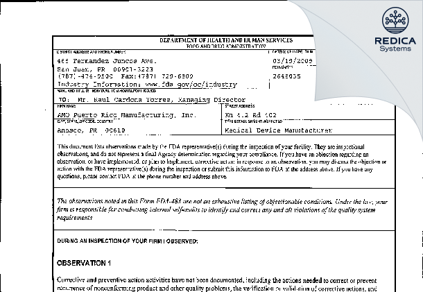 FDA 483 - AMO Puerto Rico Manufacturing, Inc. [Anasco / United States of America] - Download PDF - Redica Systems