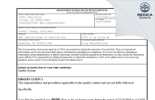FDA 483 - GMP Laboratories of America Inc [Anaheim / United States of America] - Download PDF - Redica Systems