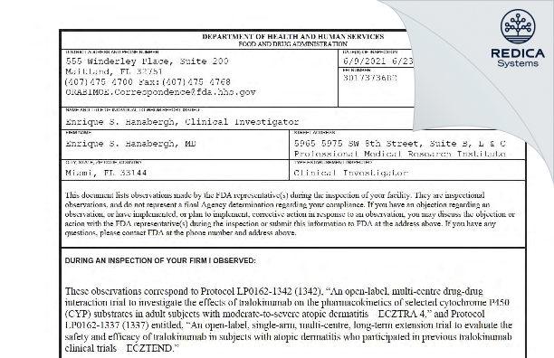 FDA 483 - Enrique S. Hanabergh, MD [West Miami / United States of America] - Download PDF - Redica Systems