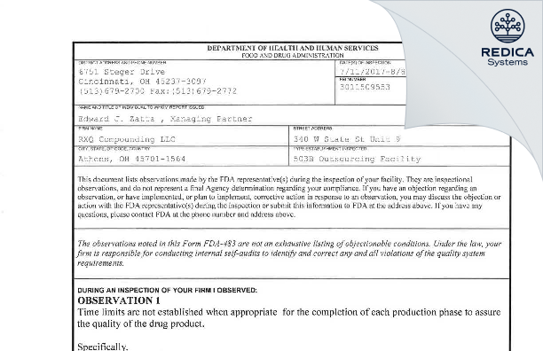 FDA 483 - RXQ Compounding LLC [Athens / United States of America] - Download PDF - Redica Systems