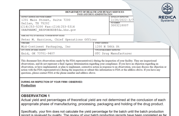 FDA 483 - Mid-Continent Packaging, Inc. [Enid / United States of America] - Download PDF - Redica Systems
