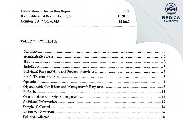 EIR - BRI Institutional Review Board, Inc. [Houston / United States of America] - Download PDF - Redica Systems