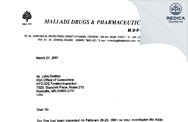 FDA 483 Response - Malladi Drugs and Pharmaceuticals Limited [Ranipet / India] - Download PDF - Redica Systems