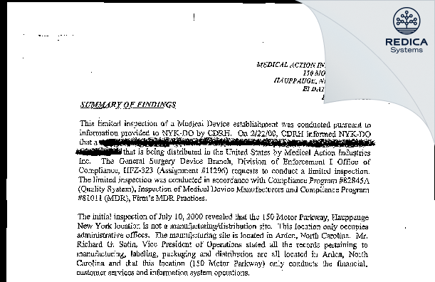 EIR - Medical Action Industries Inc. [Hauppauge / United States of America] - Download PDF - Redica Systems