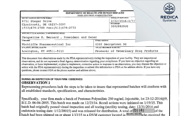 FDA 483 - Wickliffe Pharmaceutical Inc [Lexington / United States of America] - Download PDF - Redica Systems