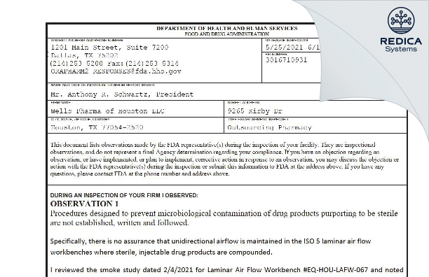 FDA 483 - Wells Pharma of Houston LLC [Houston / United States of America] - Download PDF - Redica Systems