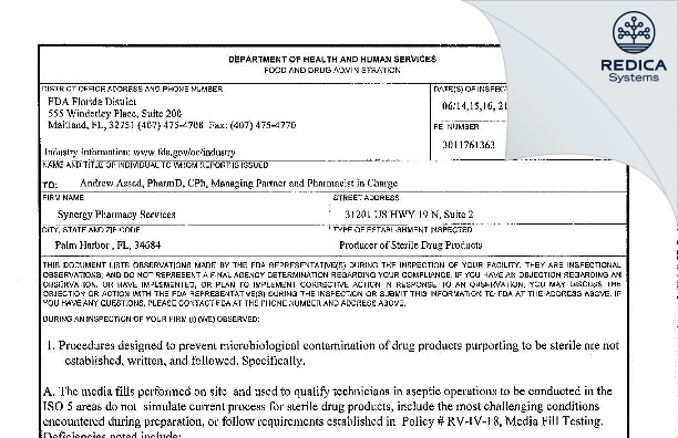 FDA 483 - Synergy Pharmacy Services, Inc. [Palm Harbor / United States of America] - Download PDF - Redica Systems