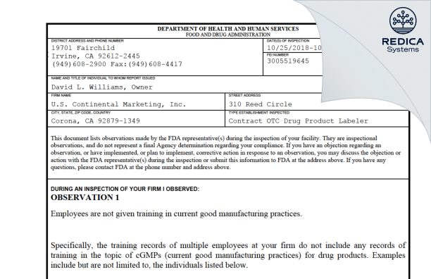 FDA 483 - U.S. Continental Marketing, Inc. [Corona / United States of America] - Download PDF - Redica Systems