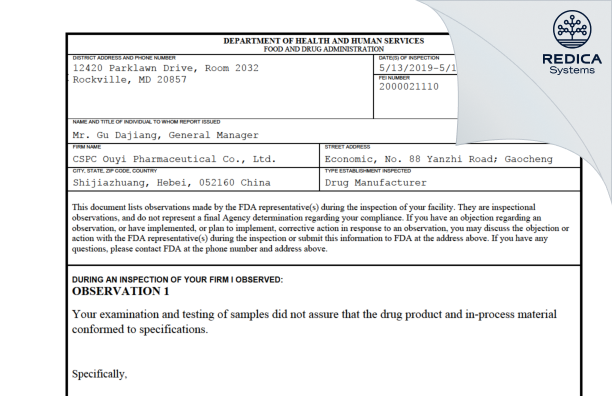 FDA 483 - CSPC Ouyi Pharmaceutical Co., Ltd. [China / China] - Download PDF - Redica Systems