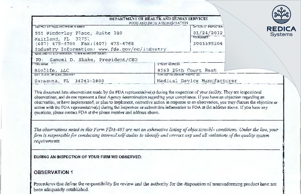FDA 483 - Biolife, LLC [Sarasota / United States of America] - Download PDF - Redica Systems
