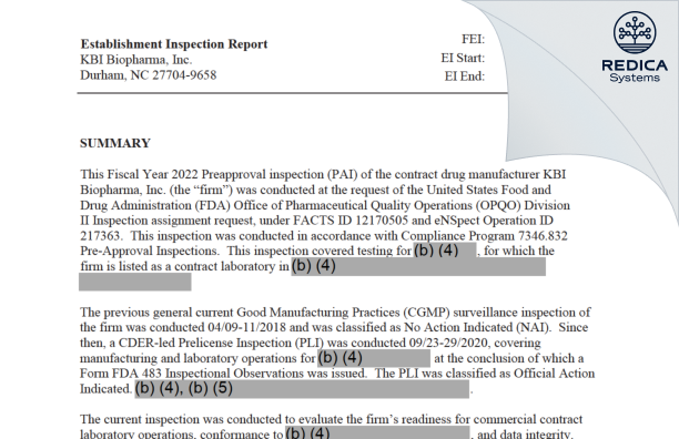EIR - KBI Biopharma, Inc. [Durham / United States of America] - Download PDF - Redica Systems