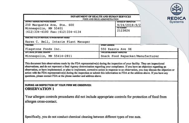 FDA 483 - Flagstone Foods Inc. [Minneapolis / United States of America] - Download PDF - Redica Systems