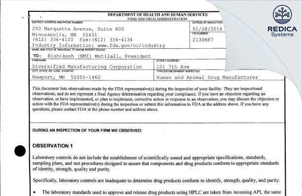 FDA 483 - DIVERSIFIED MANUFACTURING CORP [Prescott / United States of America] - Download PDF - Redica Systems