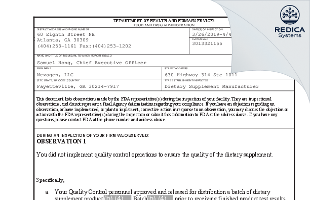 FDA 483 - Nexagen, LLC [Fayetteville / United States of America] - Download PDF - Redica Systems