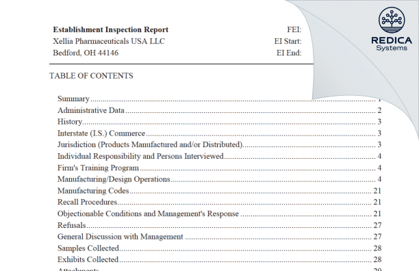 EIR - Xellia Pharmaceuticals USA LLC [Bedford Ohio / United States of America] - Download PDF - Redica Systems