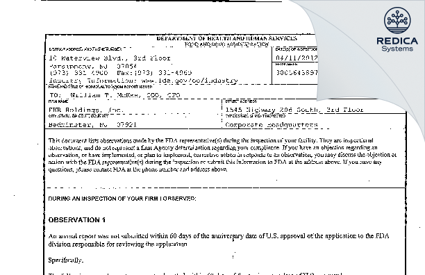 FDA 483 - EKR Holdings, Inc. [Bedminster / United States of America] - Download PDF - Redica Systems