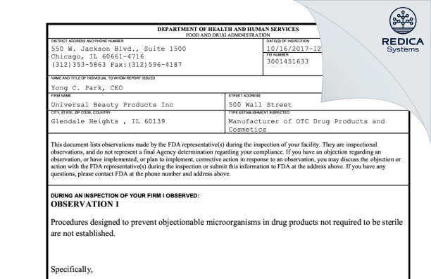 FDA 483 - Universal Beauty Products Inc [Bensenville / United States of America] - Download PDF - Redica Systems