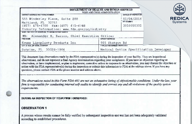 FDA 483 - Koume Lipoplasty Products Inc [Sunrise / United States of America] - Download PDF - Redica Systems
