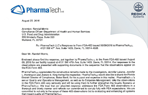 FDA 483 Response - Pharmatech LLC [Davie / United States of America] - Download PDF - Redica Systems