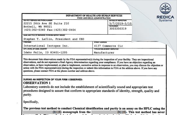 FDA 483 - International Isotopes Inc [Idaho Falls / United States of America] - Download PDF - Redica Systems