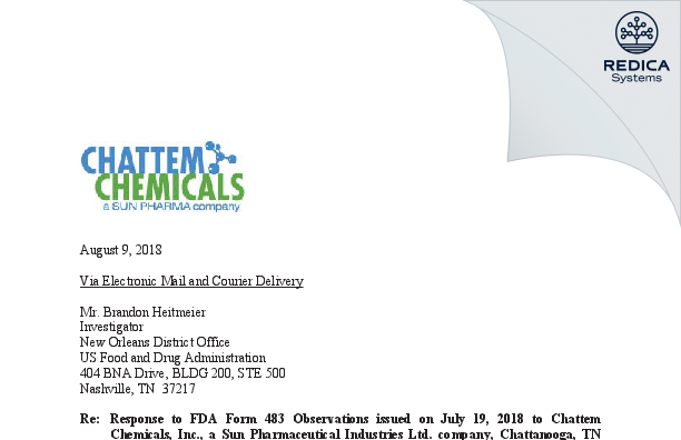 FDA 483 Response - Chattem Chemicals, Inc. [Chattanooga / United States of America] - Download PDF - Redica Systems