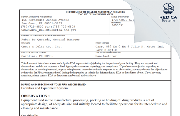 FDA 483 - Omega & Delta Co. Inc. [Carolina / United States of America] - Download PDF - Redica Systems