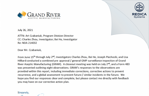 FDA 483 Response - Grand River Aseptic Manufacturing Inc [Grand Rapids / United States of America] - Download PDF - Redica Systems