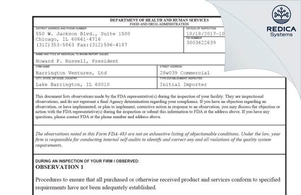 FDA 483 - Barrington Ventures, Ltd [Lake Barrington / United States of America] - Download PDF - Redica Systems