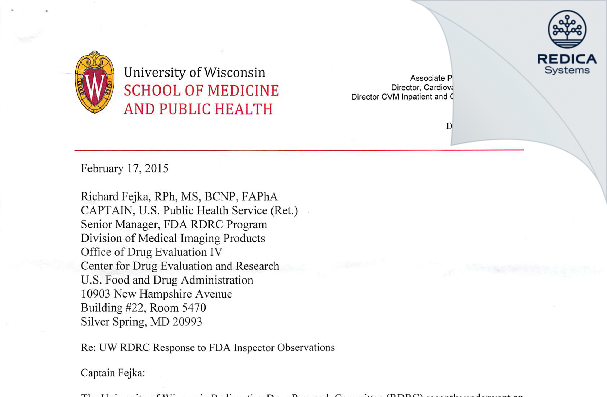 FDA 483 Response - University of Wisconsin School of Medicine and Public Health [Madison / United States of America] - Download PDF - Redica Systems