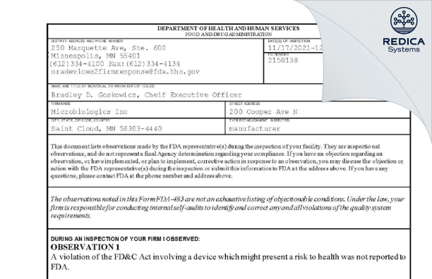 FDA 483 - Microbiologics Inc [Saint Cloud / United States of America] - Download PDF - Redica Systems