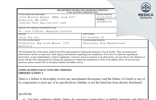 FDA 483 - Jurox Pty. Limited [- / Australia] - Download PDF - Redica Systems