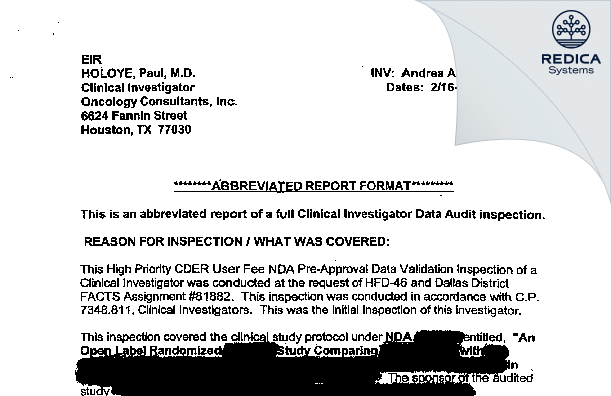 EIR - Paul Y Holoye, MD/Clinical Inv [Houston / United States of America] - Download PDF - Redica Systems