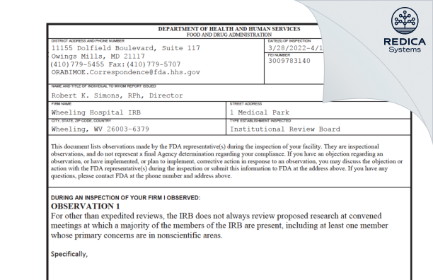 FDA 483 - Wheeling Hospital IRB [Wheeling / United States of America] - Download PDF - Redica Systems