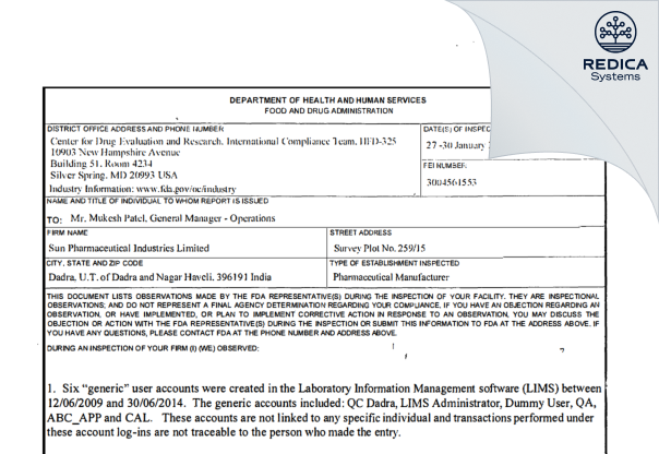 FDA 483 - Sun Pharmaceutical Industries Limited [India / India] - Download PDF - Redica Systems