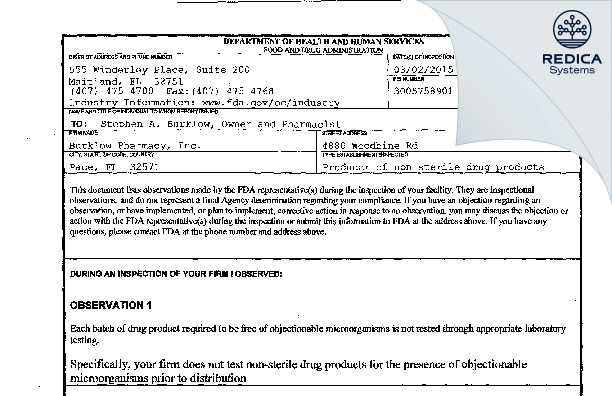 FDA 483 - Burklow Pharmacy [Milton / United States of America] - Download PDF - Redica Systems